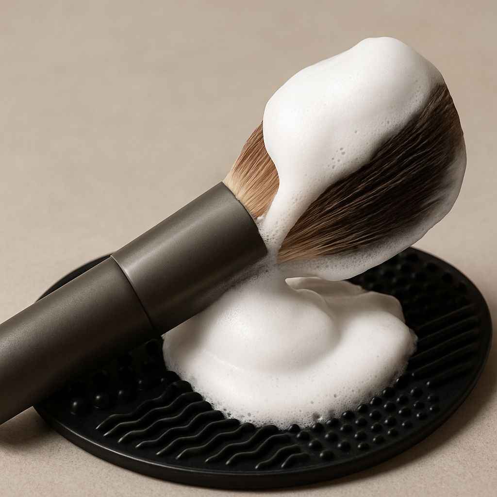 Makeup brush with foam on a black cleansing pad 