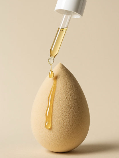 serum dropper on beauty blender sponge to clean