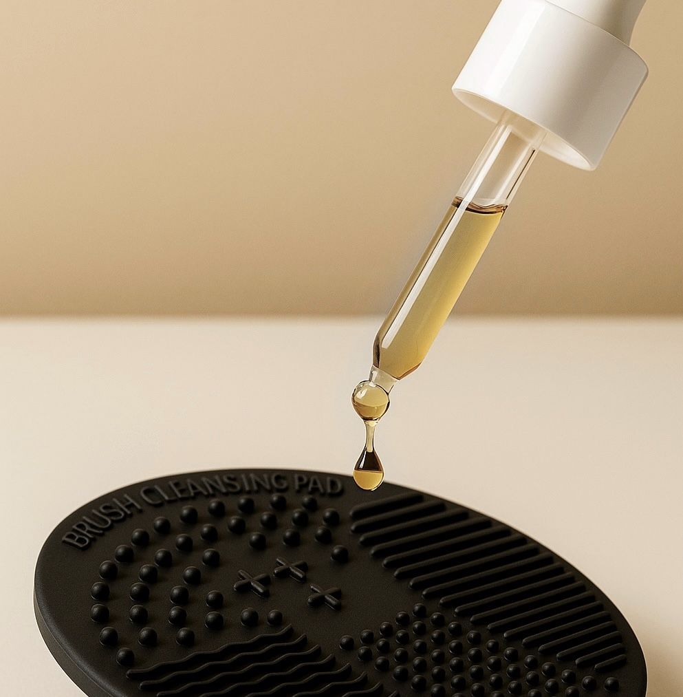 smiling scorpio makeup brush cleansing serum dropper on cleansing pad beige background