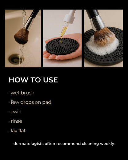 Steps for cleaning makeup brushes with a black pad and liquid.

