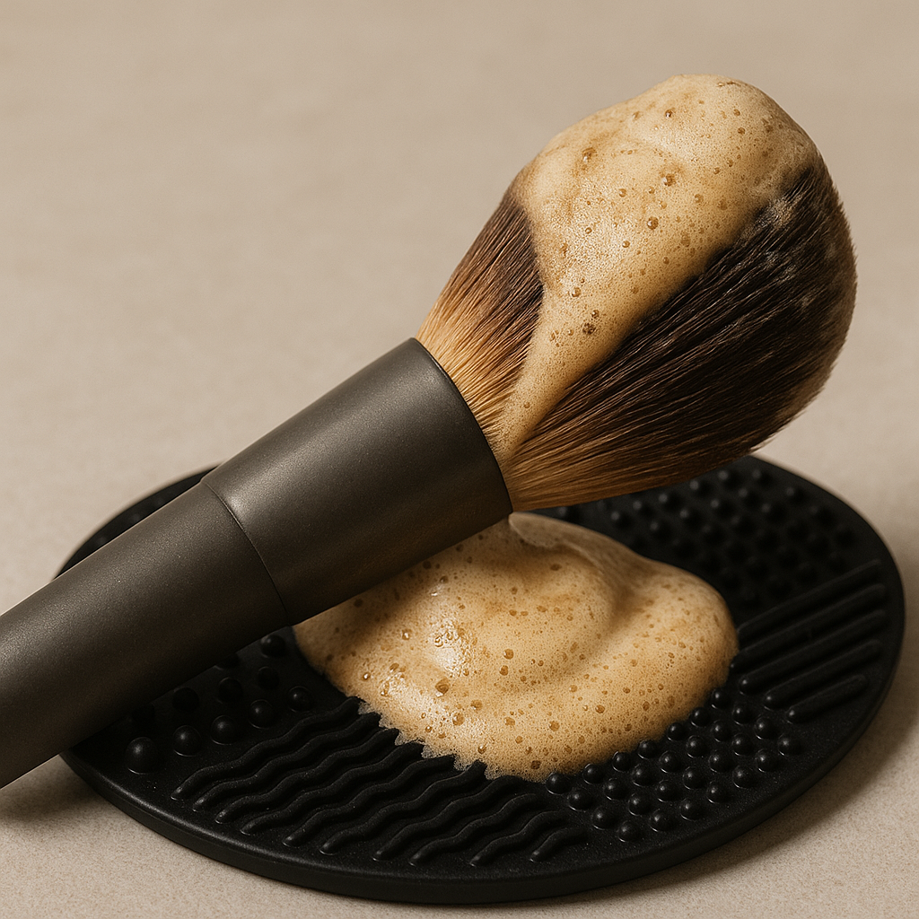 Makeup brush with foam on a black textured pad against a beige background

